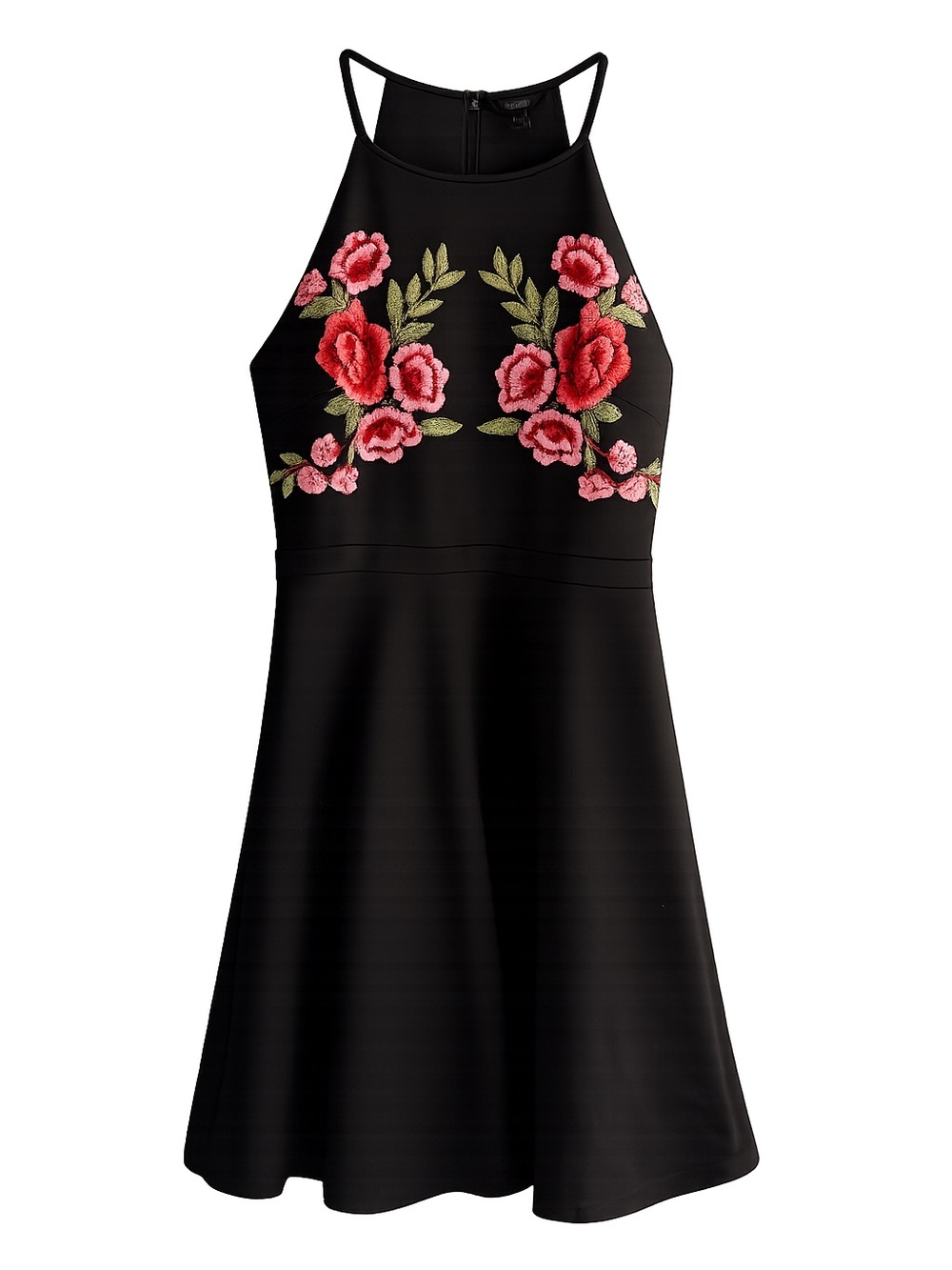 GUESS Black Floral Embroidered Scuba Halter Dress M